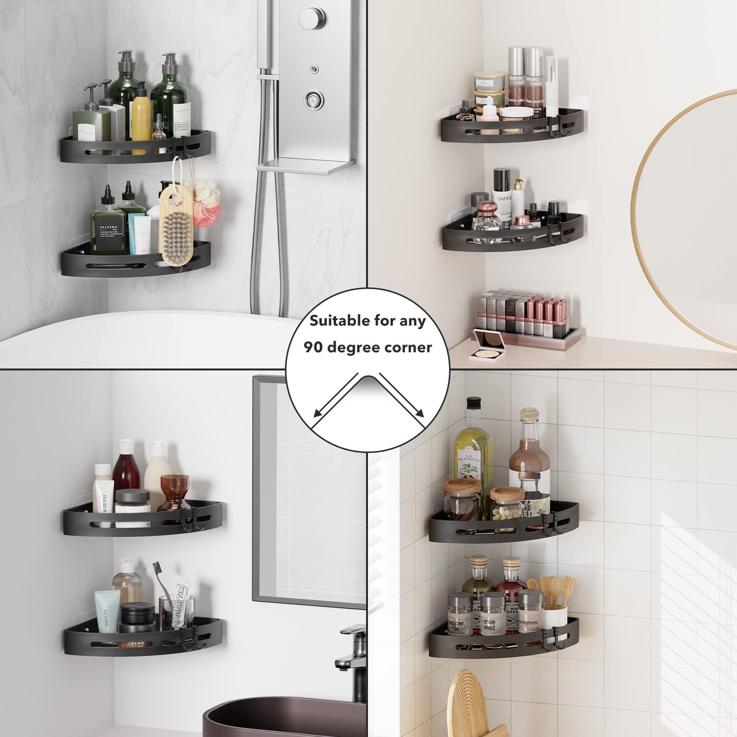 2 Pack Shower Caddy Bathroom Organiser Accessories Bath Products Bath Caddy with Self Adhesive Hanging Shower Shelf Coner Rack for Bathroom Storage with 4 Removable Hooks, Aluminum Black